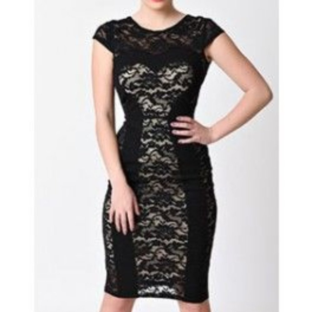 EUC Medium Unique Vintage Black Lace Wiggle Dress
